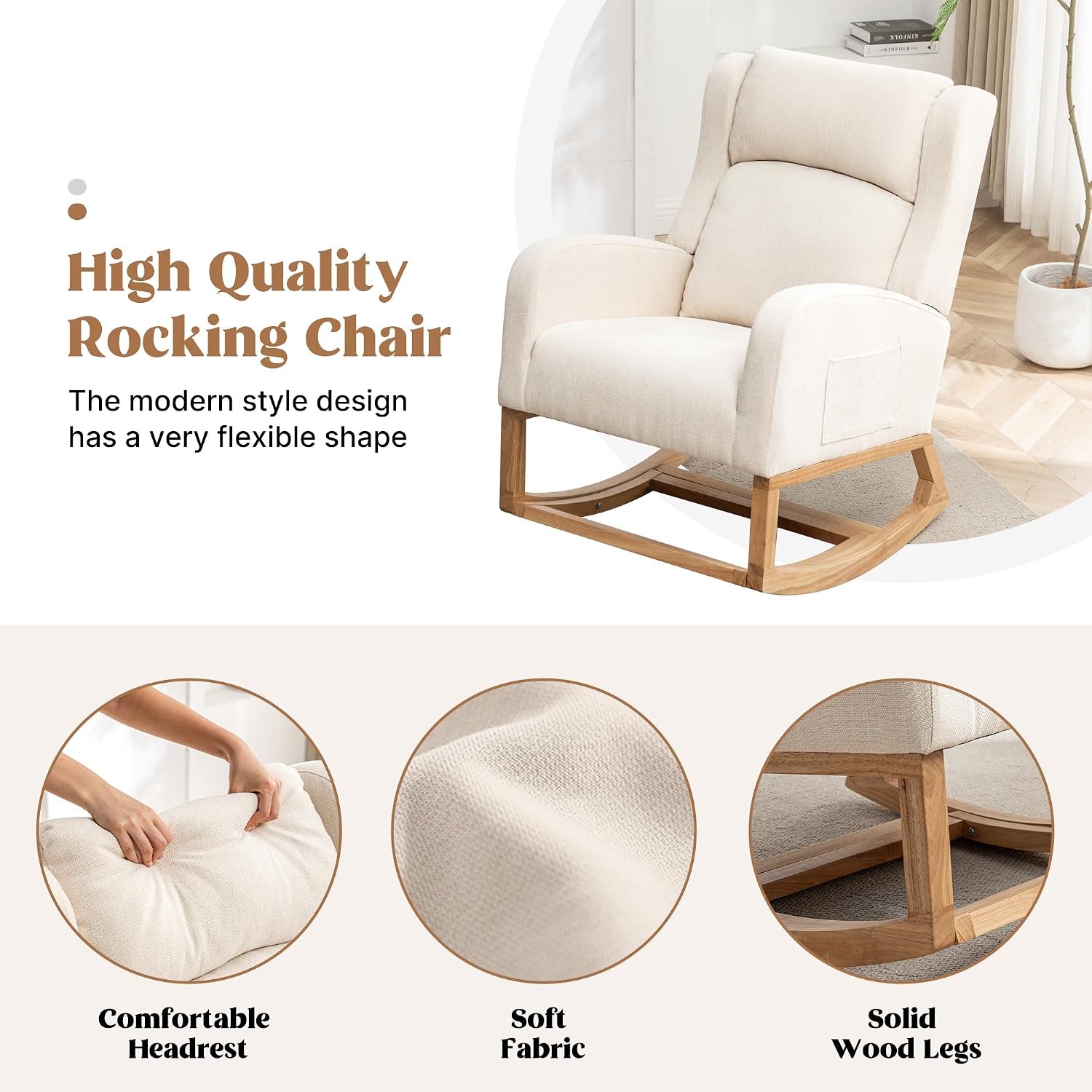 HCHAIRH Rocking Chair Nursery, Nursing Rocking Chairs for Mom Nursery, Comfy Wingback Glider Rocking Armchair with Foot Rest and Side Pocket for Nursery Living Room Bedroom, Beige