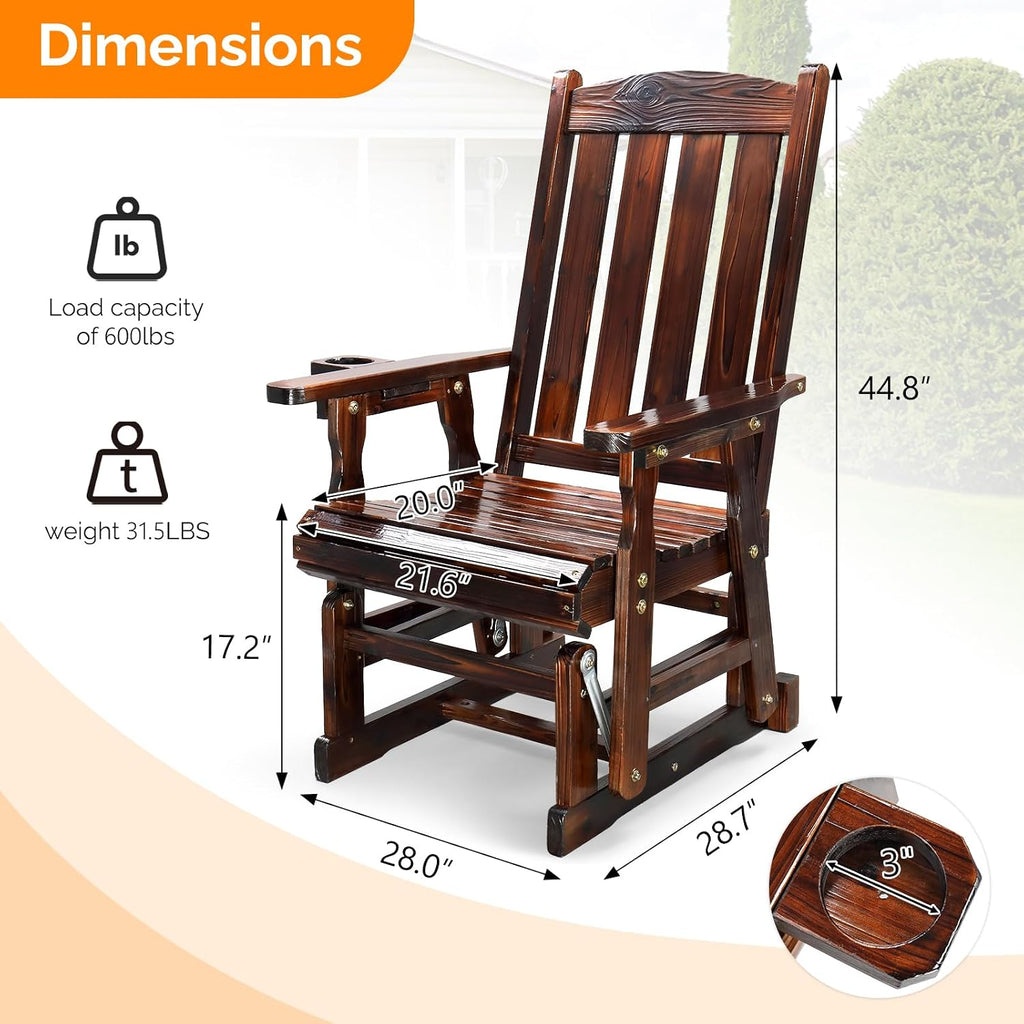 VINGLI Outdoor Glider Chair Wood Patio Glider with Cup Holder, Porch Glider with Smooth Rocking Mechanism, Heavy Duty 600 LBS, Rustic