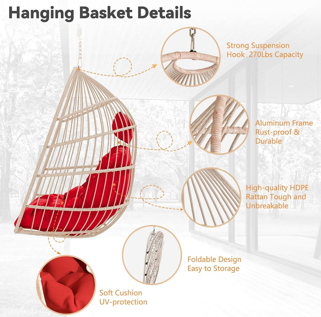 KEIKI Swing Egg Chair Without Stand, Foldable Patio Rattan Wicker Hammock Egg Chair with Cushion, Outdoor Indoor Hanging Basket Chair, 270LBS Capacity for Porch, Garden, Bedroom, Balcony, Red