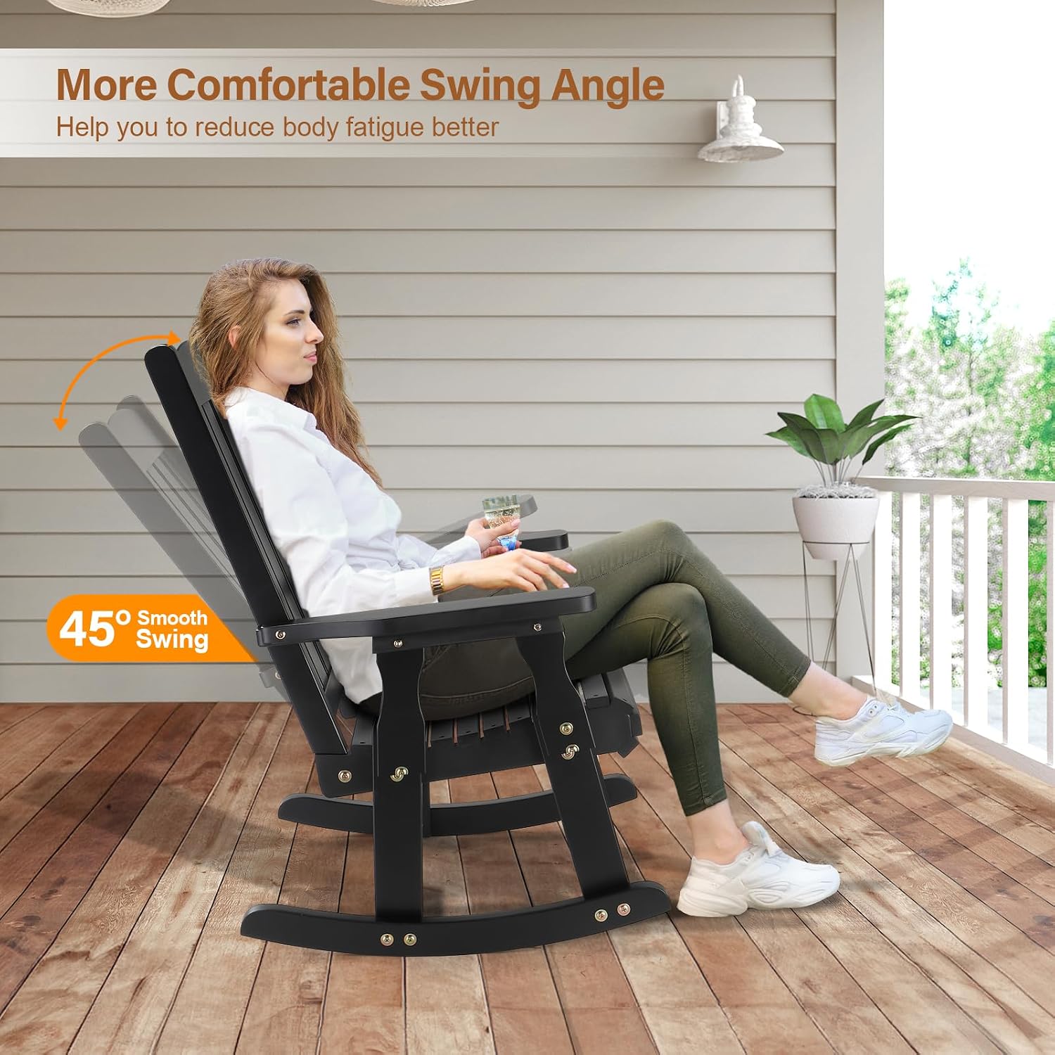 VINGLI Outdoor Rocking Chair, Heavy Duty 600 LBS Wooden Rocking Bench with Comfortable Backrest, Weatherproof Patio Rocker with Ergonomic Design, Wood Rocking Chair for Patio, Garden (Black, 2 PCS)
