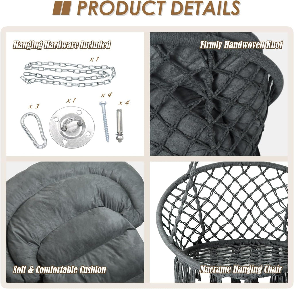 Hammock Chair with Cushion, Handmade Macrame Swing Chair with Hanging Hardware Kits, Bohemian Style Cotton Rope Hanging Chair for Bedroom Indoor Outdoor, Dark Grey