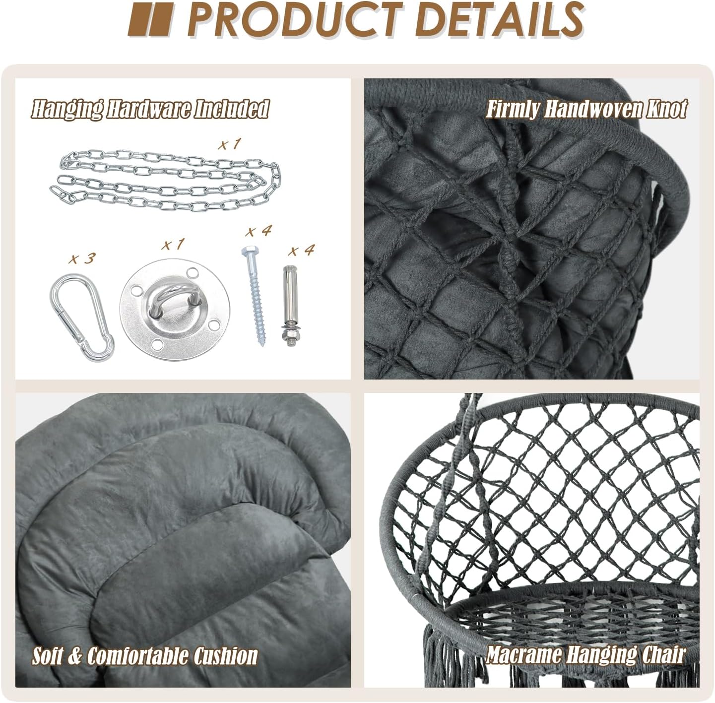 Hammock Chair with Cushion, Handmade Macrame Swing Chair with Hanging Hardware Kits, Bohemian Style Cotton Rope Hanging Chair for Bedroom Indoor Outdoor, Dark Grey