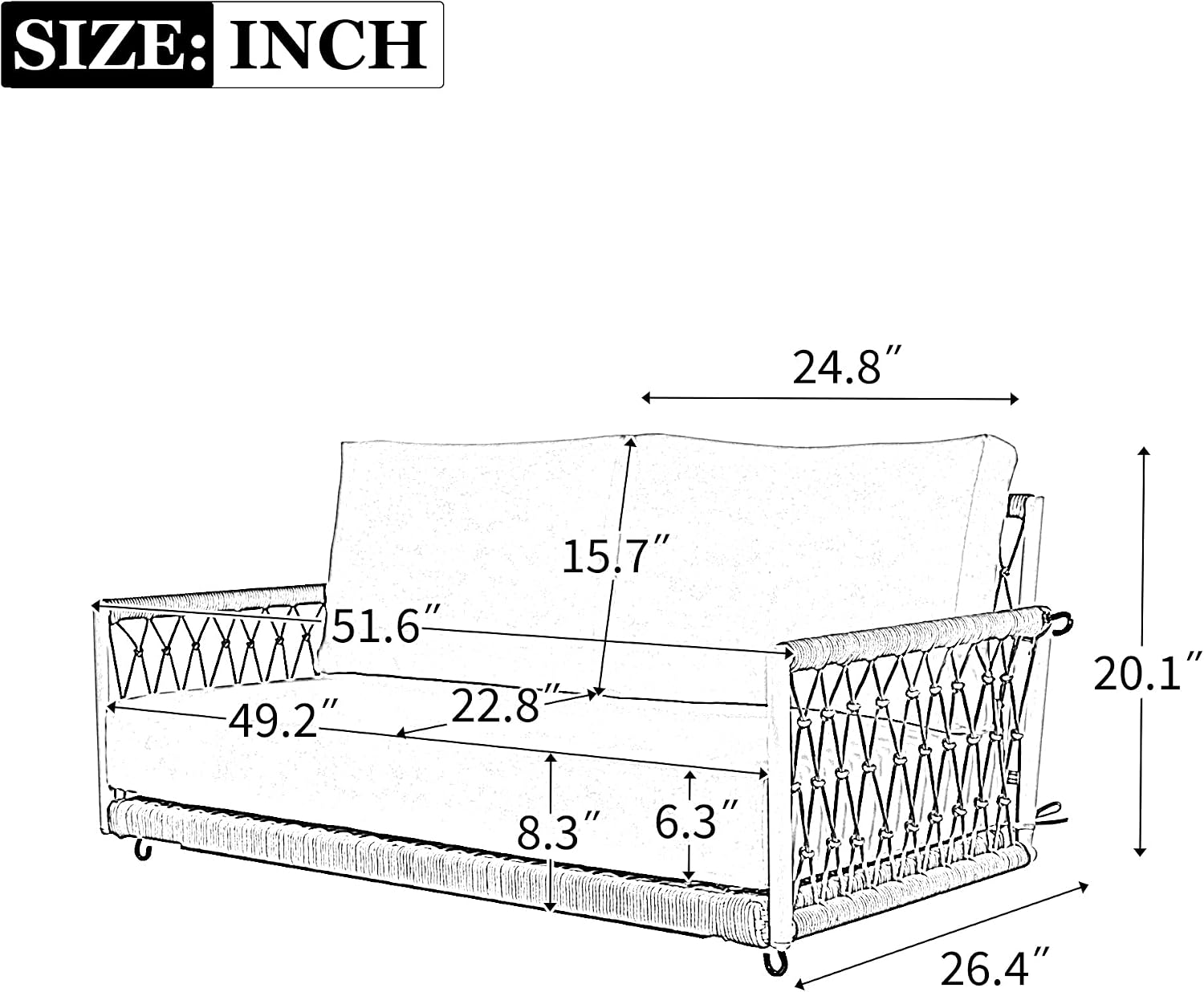 LUMISOL 2-Person Outdoor Porch Swing, 51.6' Woven Rope Swing Bench with Soft Cushions, Patio Hanging Chair for Balcony Porch Garden, Beige