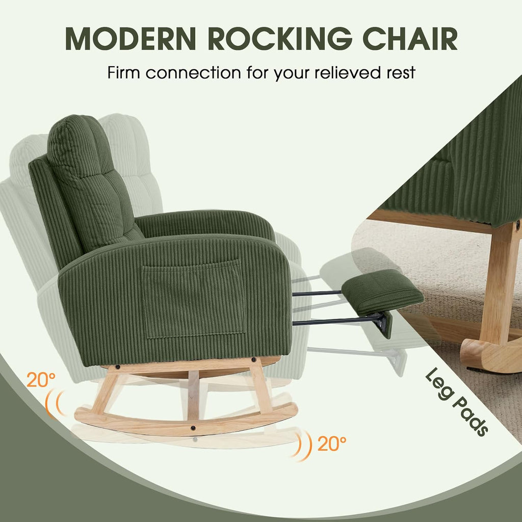 NIOIIKIT Nursery Rocking Chair, Corduroy Upholstered Rocking Chair with Adjustable Footrest, Tufted Rocker Chair with Side Pocket, Glider Rocker for Living Room, Bedroom (Green Retro)
