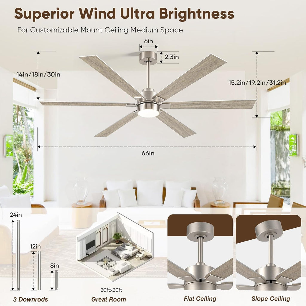 Outdoor Ceiling Fans for Patios with Light, 66 inch Large Ceiling Fans with Lights, Modern Indoor Exterior Large Airflow Commercial Ceiling Fan for Gazebo Porch Garage, Dual Finish-Nickel & Oak Gray