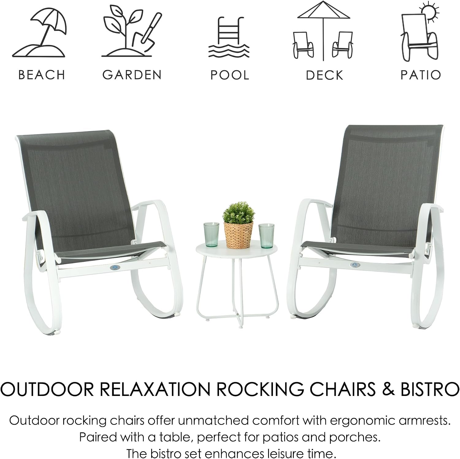 Kozyard 3-Piece Outdoor Rocking Chair Set, Patio Bistro Set 2 Sling Rockers with Side Table, Powder-Coated Aluminum Frame, Breathable Textilene Fabric for Porch, Garden, Balcony Gray