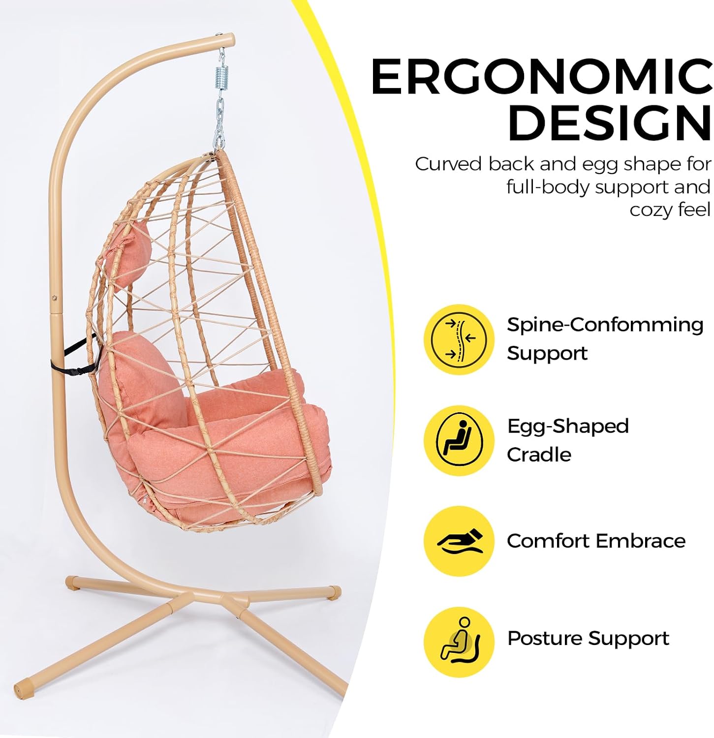 Egg Chair with Stand, Wicker Hanging Chair for Outdoor Patio, Cushioned Hammock Swing for Bedroom Garden Indoor/Outdoor, Double-Zipper Structure Hanging Egg Chair (Yellow and Orange-red)