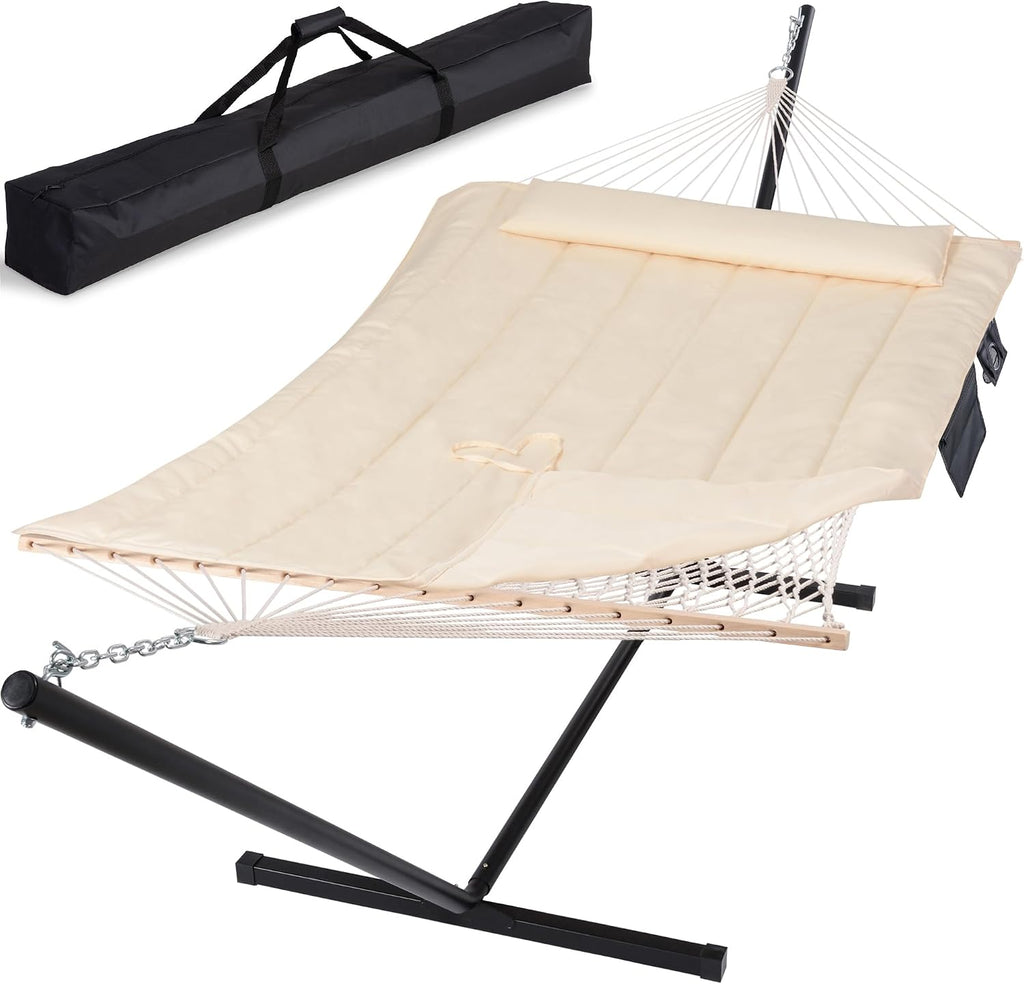 SUNCREAT Two Person Hammock with 12ft Stand Included, Max 475lbs Capacity, Heavy Duty Free Standing Hammock, Beige