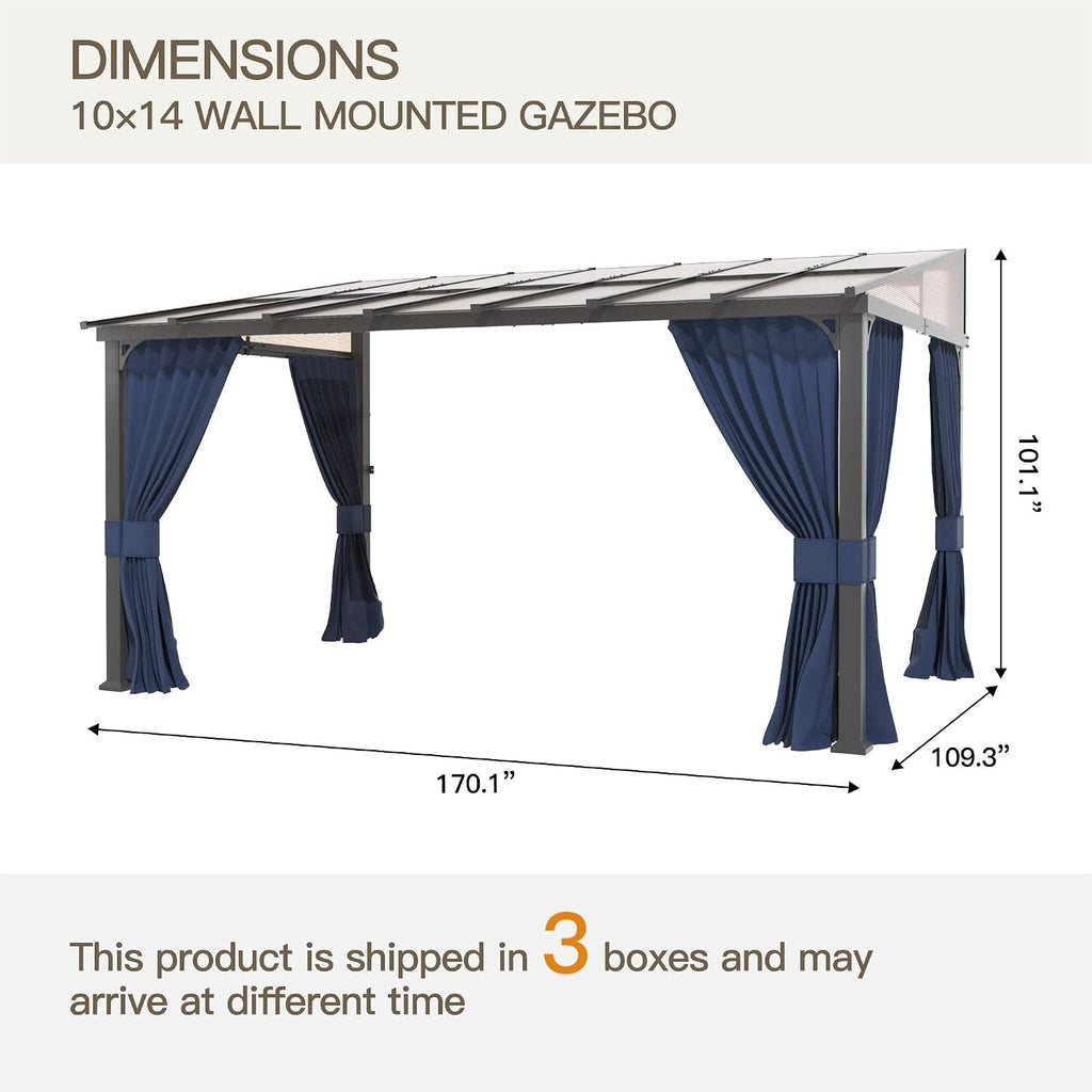 10' x 14' Gazebo for Patio,Wall Mounted Gazebo with Sloping Polycarbonate Roof,Aluminum Frame Outdoor pelgole w/Netting & Curtain for Garden,Deck,Backyard,NavyBlue