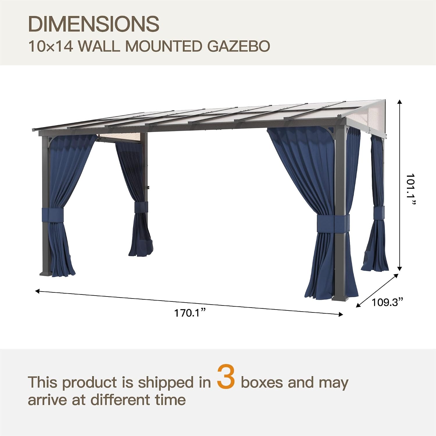 10' x 14' Gazebo for Patio,Wall Mounted Gazebo with Sloping Polycarbonate Roof,Aluminum Frame Outdoor pelgole w/Netting & Curtain for Garden,Deck,Backyard,NavyBlue