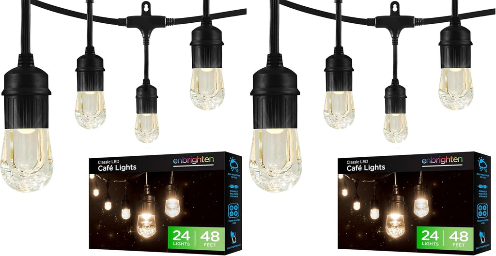 Enbrighten Classic Warm White String Lights, 48ft Black Cord, 24 Shatterproof Acrylic Bulbs, Weatherproof, Outdoor String Lights, 31664 (Pack of 2)