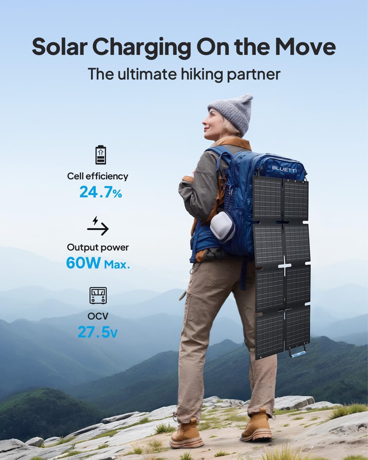 BLUETTI 60W Solar Panel, 60 Watt for Solar Generator Handsfree 1 Handsfree 2 AC2A, Foldable Solar Charger for Hiking, Camping, Travel