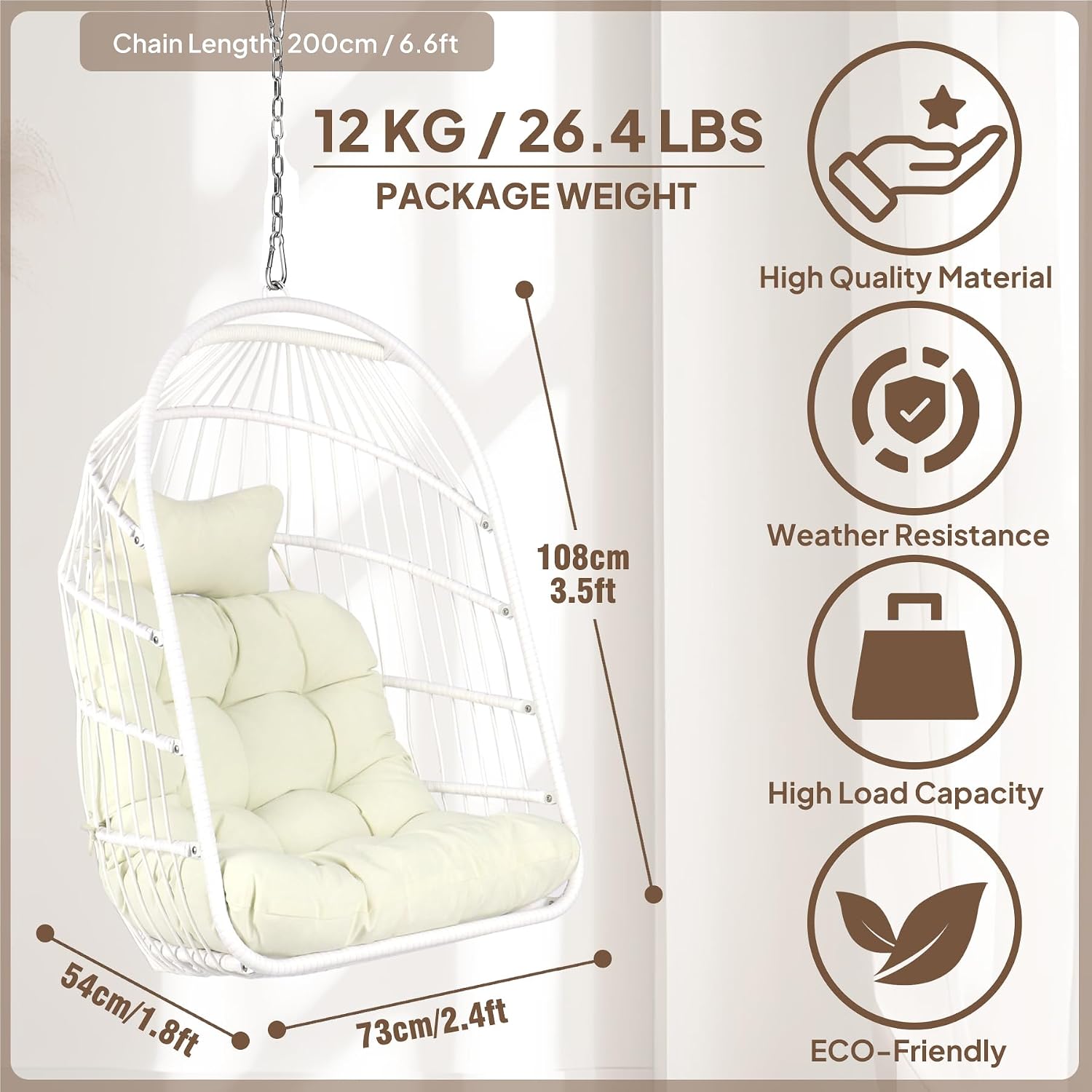 Chihee Egg Chair Foldable Wicker Rattan Hanging Swing Chairs Indoor Outdoor Patio Wicker Chair Hammock Chair with Stainless Steel Hanging Kit Chain Link UV Resistant Cushion Bedroom Balcony