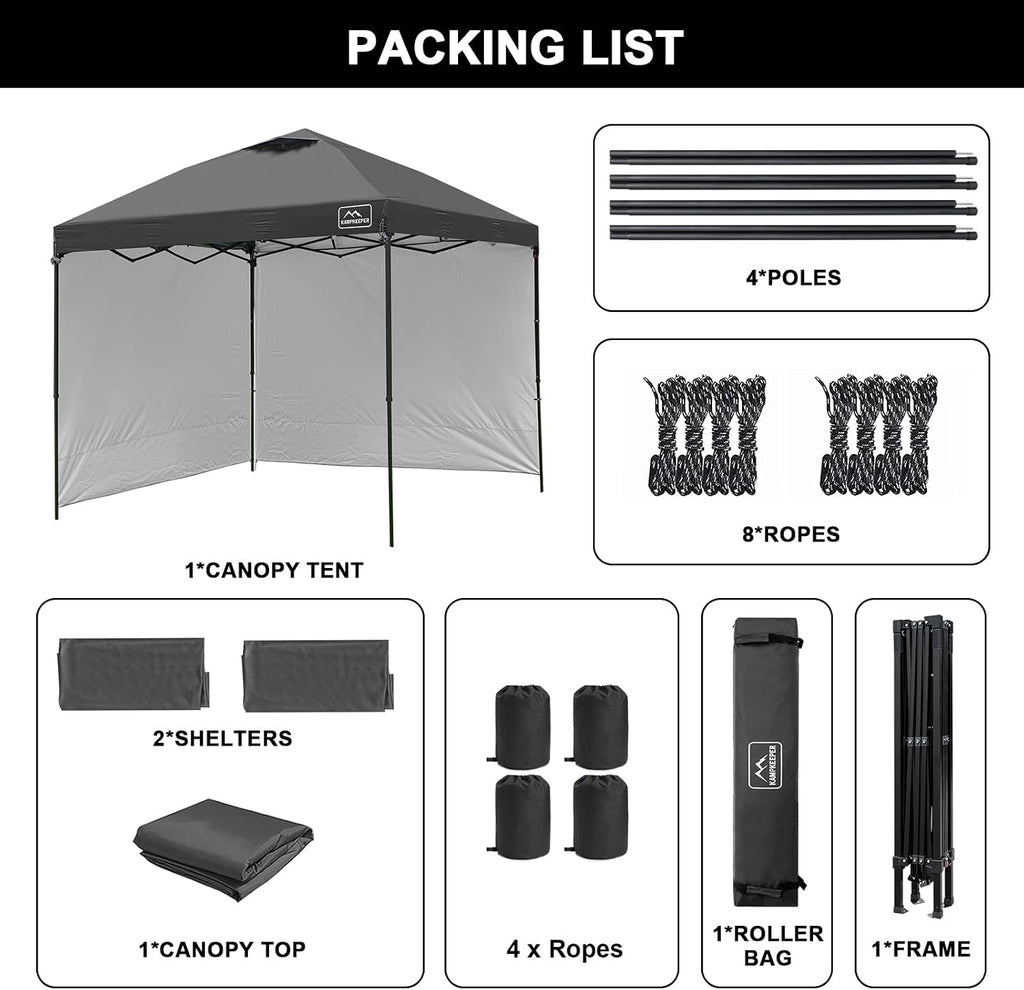 KAMPKEEPER 10x10 Easy Pop Up Canopy Tent with Sidewalls, Instant Outdoor Shade Shelter with Removable 10FT Sun Walls, Quick Setup Waterproof and UV-Resistant for Patio (Black, 10x10FT with 2 sidewall)