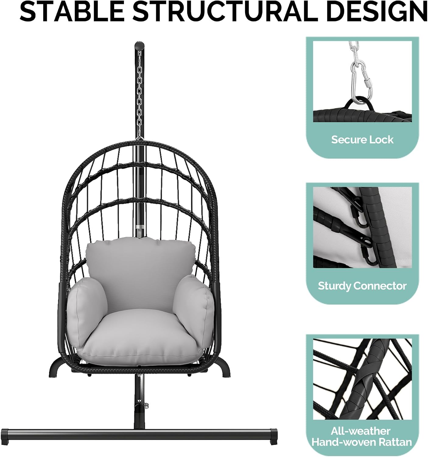 YITAHOME Hanging Egg Chair with Stand, Rattan Wicker Swing Egg Chair with Resistant Cushion, 370lbs Capacity, Foldable Hanging Basket Chair for Porch, Garden, Bedroom, Balcony - Grey