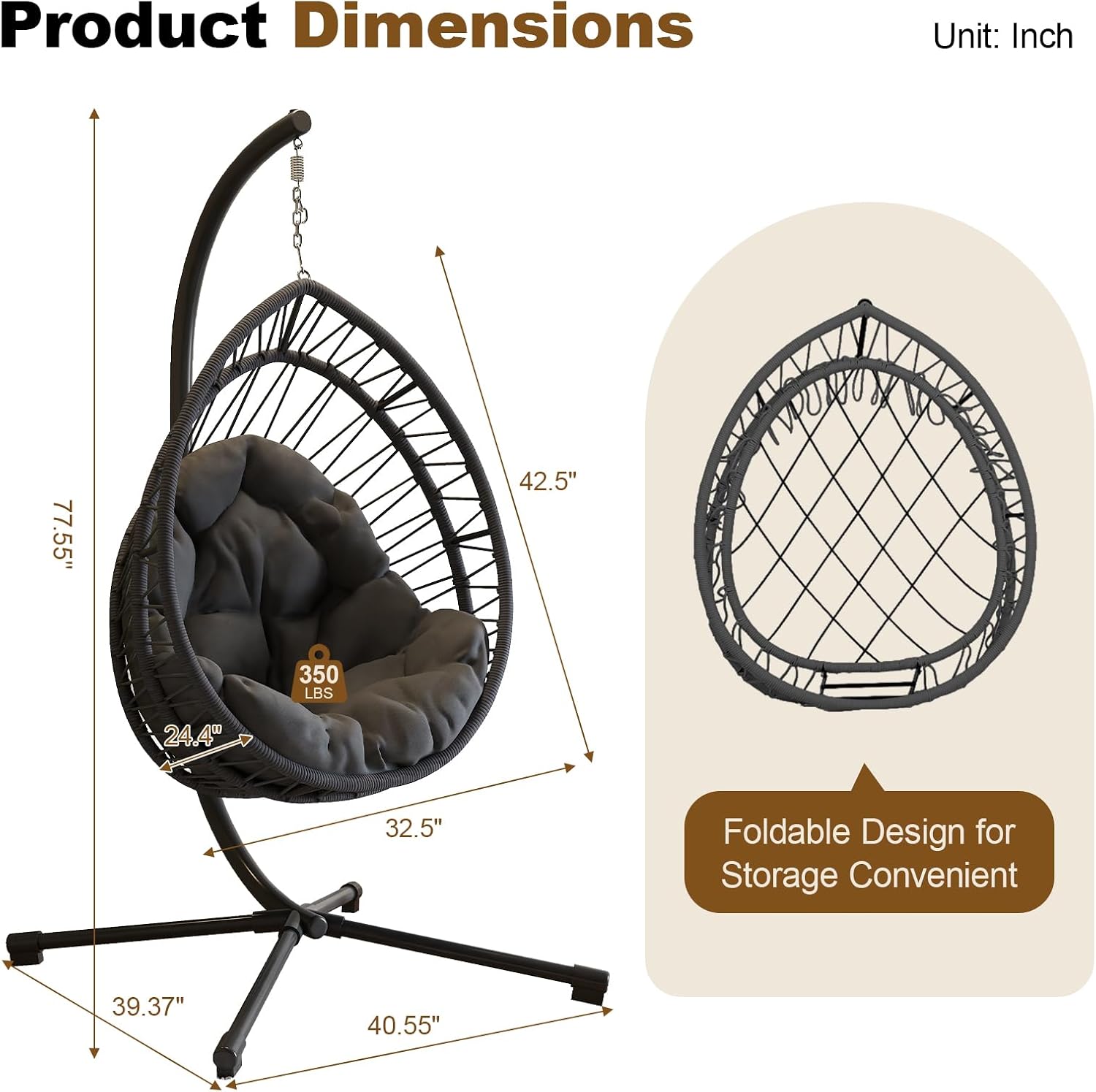 Hanging Egg Chair with Stand, Foldable Swing Hammock Chair, All-Weather Core-Spun Polyester Rope, Yarn-Dyed Cushion, 350LBS, Indoor Outdoor Patio Balcony (Dark Grey)