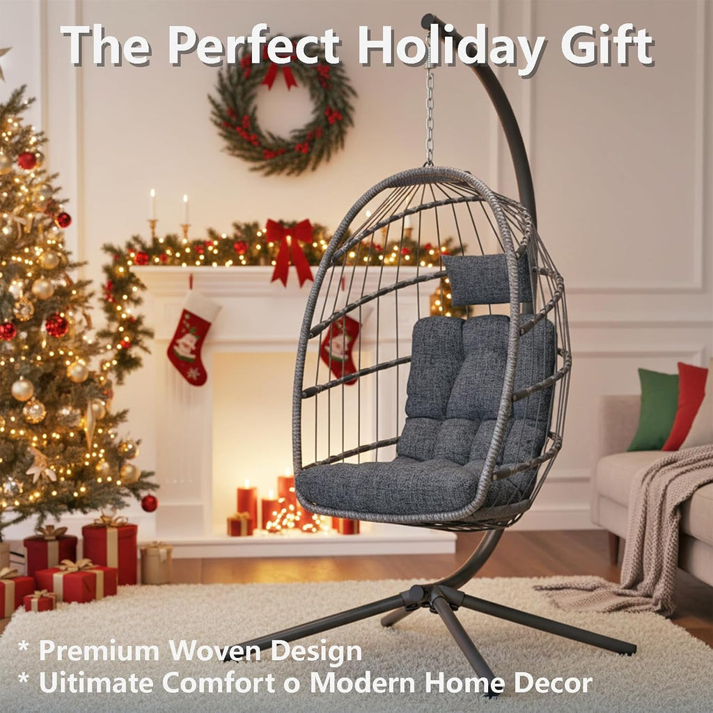 LEYCAY Hanging Egg Chair with Stand, Outdoor Indoor Swing Egg Chair with Cushion, Wicker Hammock for Patio, Bedroom 350 LBS Capacity-Dark Grey