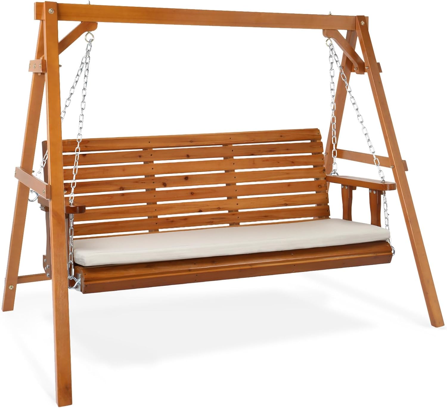 VINGLI 5 FT Outdoor Porch Swing with Frame, Patio Hanging Swing & Stand with Extra Cushions Heavy Duty 880 LBS for Yard, Garden, Pool, Deck, Brown
