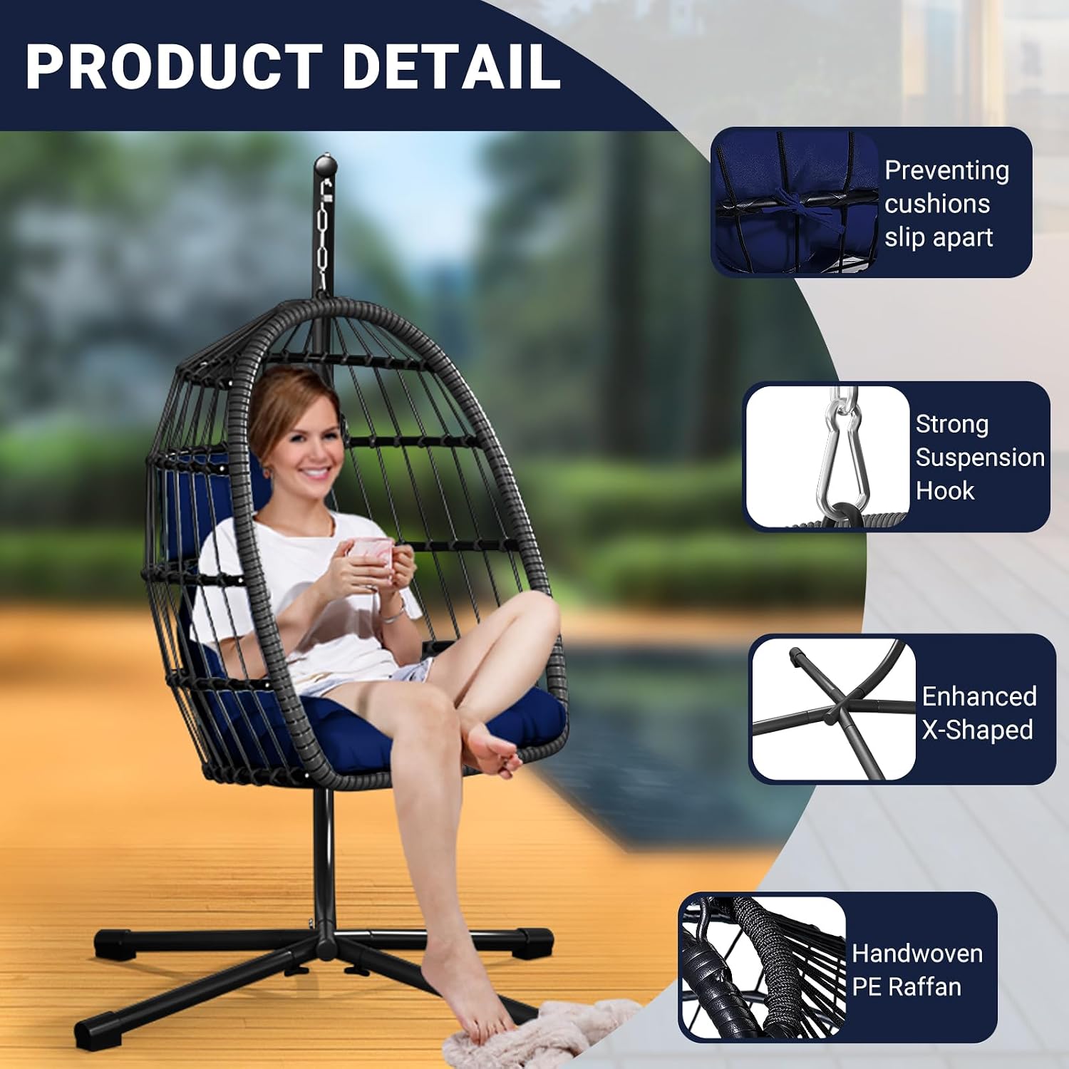 CHABATREE Egg Chair with Stand,Patio Rattan Wicker Hanging Swing Egg Chair Hammock Chair for Bedroom Porch Garden,Thickened Aluminum Alloy Steel Frame and UV Resistant Cushion,350LBS Capacity