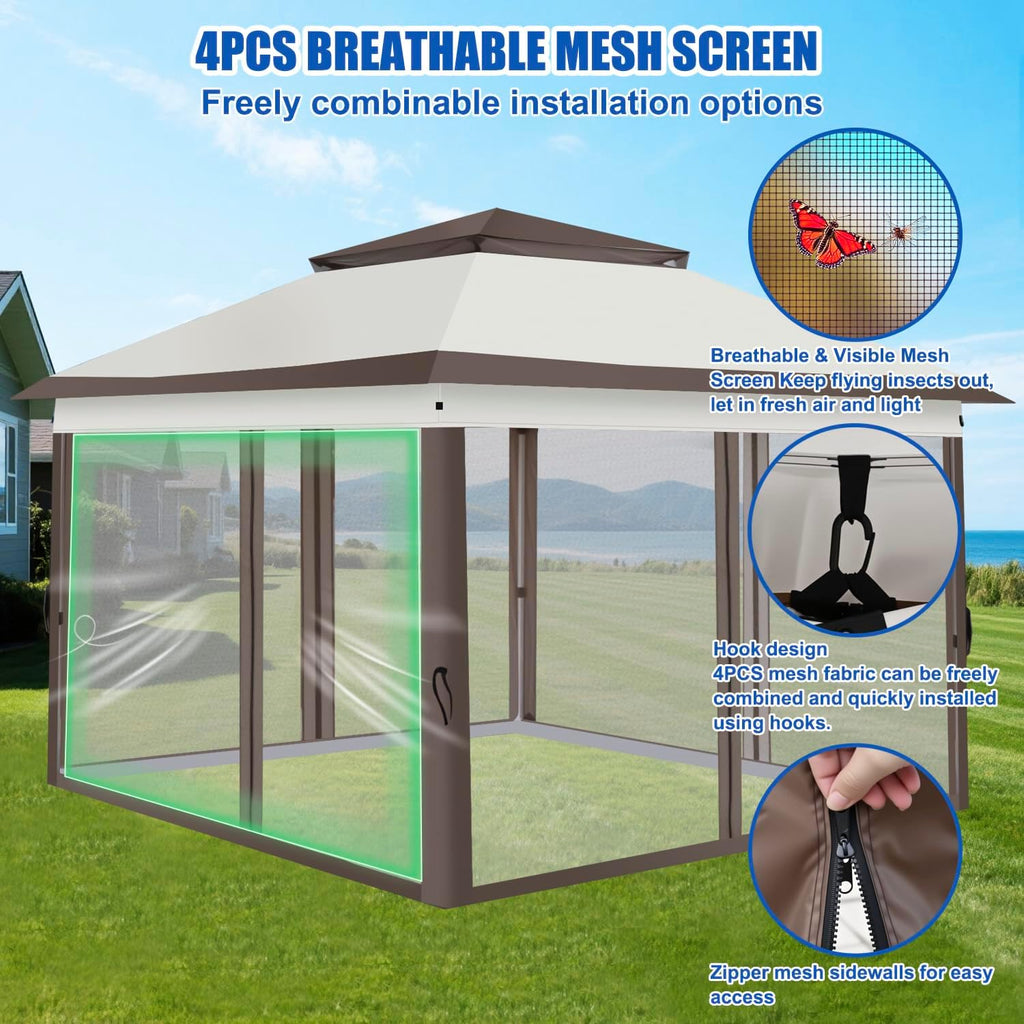 Yesker 10x10 Pop Up Canopy Tent w Mesh Netting Sidewall Vented Top - Heavy Duty Outdoor Canopy, Easy Setup Shelter Gazebo Waterproof 10x10 Popup Tnets for Patio Backyard Parties & Events, Khaki Brown