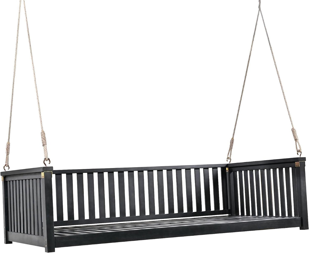 Minimalist 2-Person Acacia Wood Swing Bed, Patio Porch Swing with Ropes for Backyard Garden, Safe Sloped Design, Mattress, Cushions and Pillows not Included (Black/Acacia)