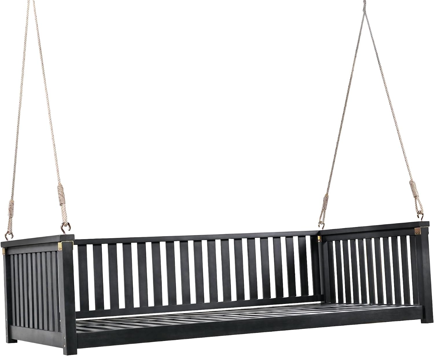 Minimalist 2-Person Acacia Wood Swing Bed, Patio Porch Swing with Ropes for Backyard Garden, Safe Sloped Design, Mattress, Cushions and Pillows not Included (Black/Acacia)