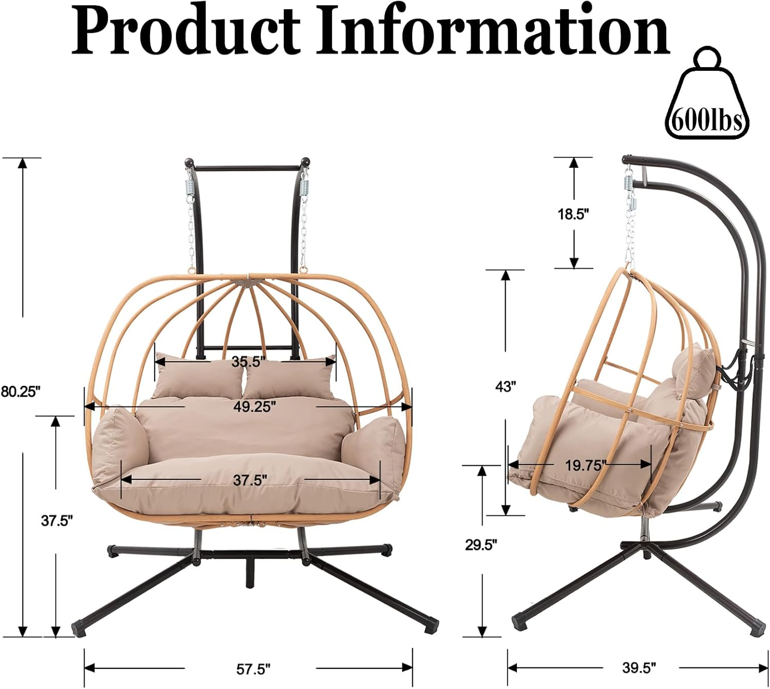Oversized Egg Chair Outdoor, Double Egg Chairs with Stand, Round Hanging Chair with Stand, 600Lbs Sturdy Loveseat Swinging Egg Chairs for Balcony, Patio, Deck, Brown