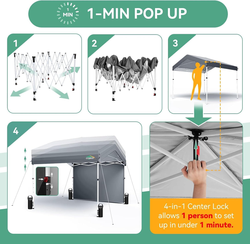 COBIZI 10x10 Pop Up Canopy with One Button Push Center Lock,Ez Up Portable Carport Without sidewall,Waterproof UV50+ Outdoor Party Commercial Carport Canopy with Carry Bag(10 x 10 ft Gray)