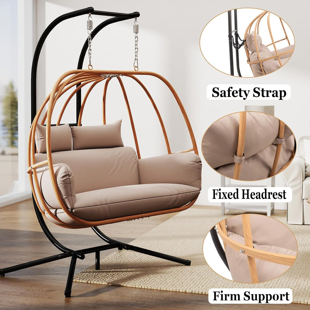 Oversized Egg Chair Outdoor, Double Egg Chairs with Stand, Round Hanging Chair with Stand, 600Lbs Sturdy Loveseat Swinging Egg Chairs for Balcony, Patio, Deck, Brown