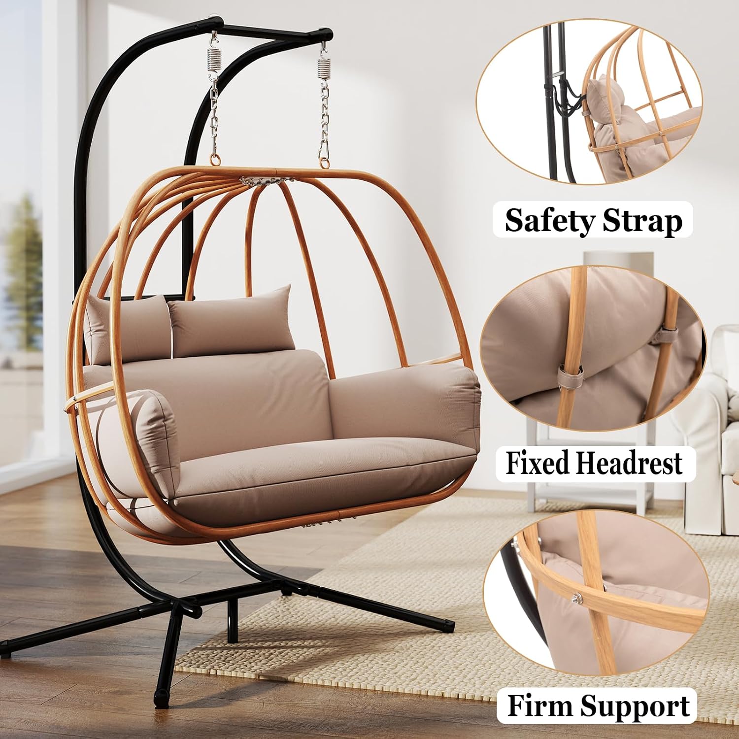 Oversized Egg Chair Outdoor, Double Egg Chairs with Stand, Round Hanging Chair with Stand, 600Lbs Sturdy Loveseat Swinging Egg Chairs for Balcony, Patio, Deck, Brown