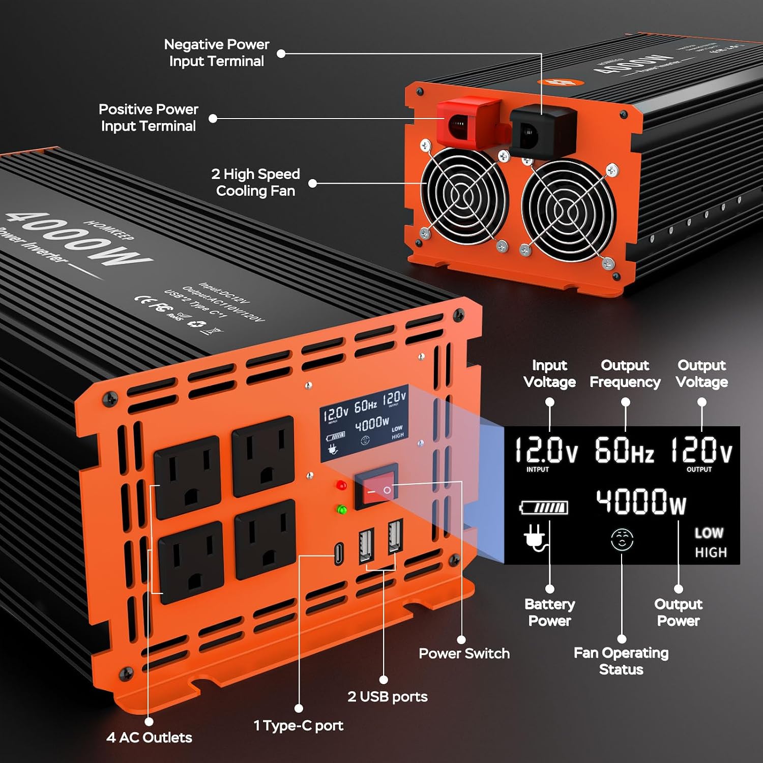 4000 Watt Power Inverter 12V DC to 110V/120V AC Converter Peak Power 8000W Car Inverter with LCD Display 4 AC Outlets, 2 USB & Type-C Port for RV,Truck,Off-Grid Solar System with Remote Controller