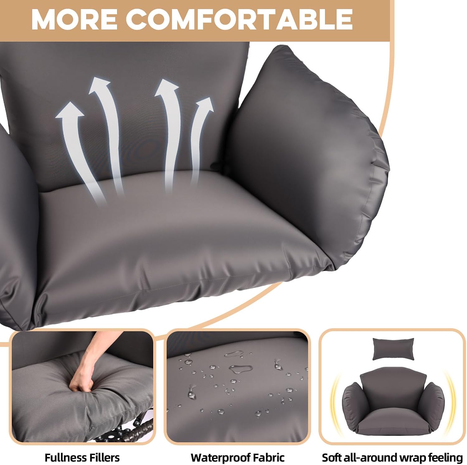 Egg Chair with Stand Outdoor Ratten Wicker Hanging Egg Chair Outdoor Indoor with Thickened Cushion Swing Chair Hammock for Patio Apartment Bedroom Garden Balcony (Dark Grey Wicker+Grey Cushion)