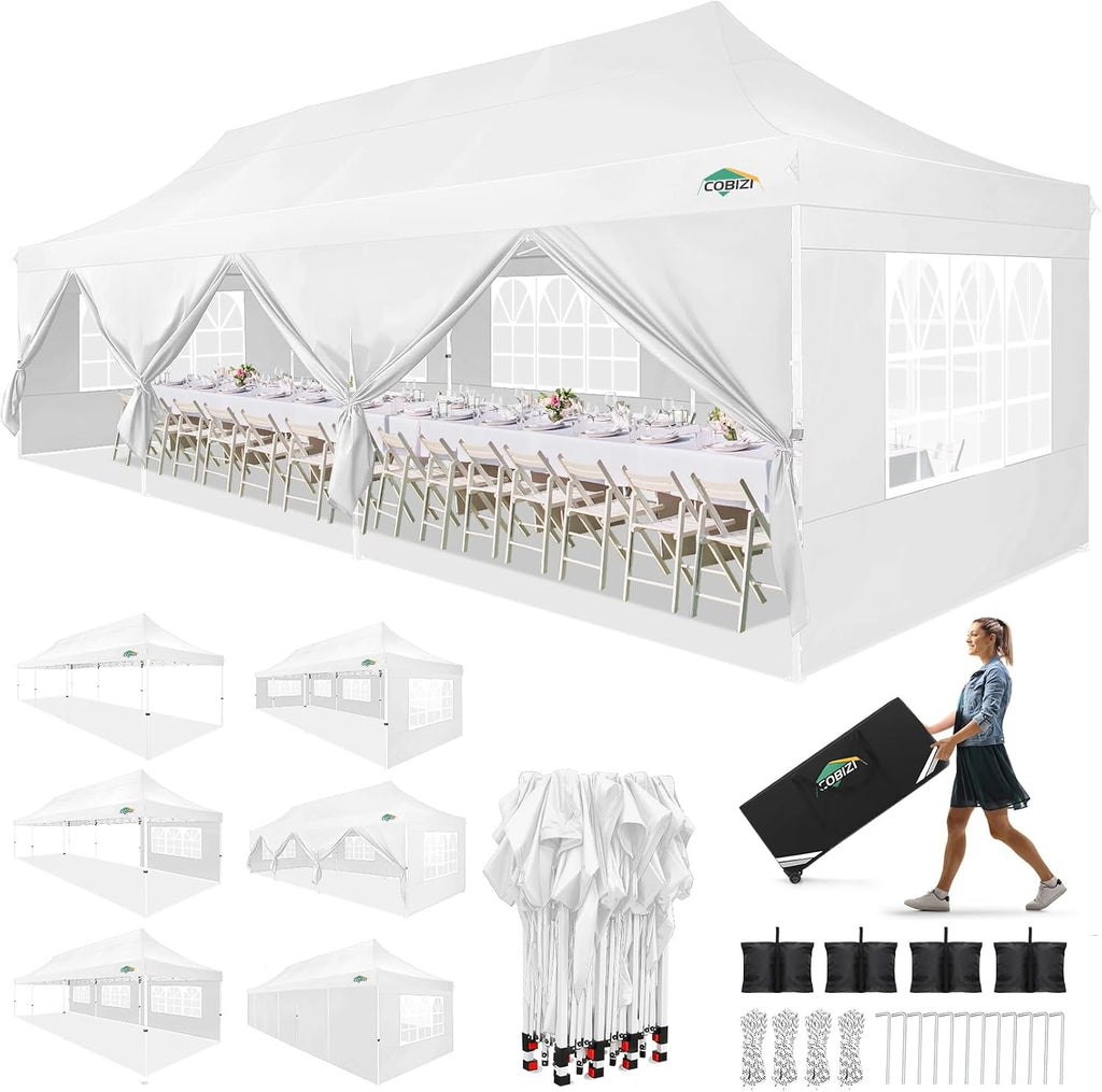 COBIZI 10x30 Pop up Canopy with Roller Bag & 8 Removable Sidewalls, Canopy Tent for Parties, Wedding, and Commercials, Waterproof and Instant Shelter UV50+ Outdoor Gazebo with 4 Sandbags(White)