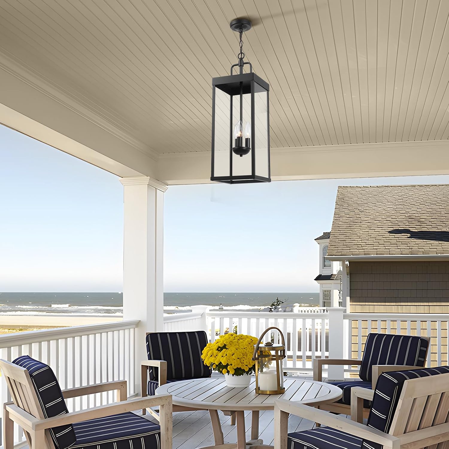 Large Outdoor Pendant Lantern Light Fixture for Front Porch, 24 Inch 3-Light Black Exterior Hanging Chandelier with Clear Glass, Outdoor Indoor Pendant Lamp for Patio, Gazebo, Entryway, Doorway