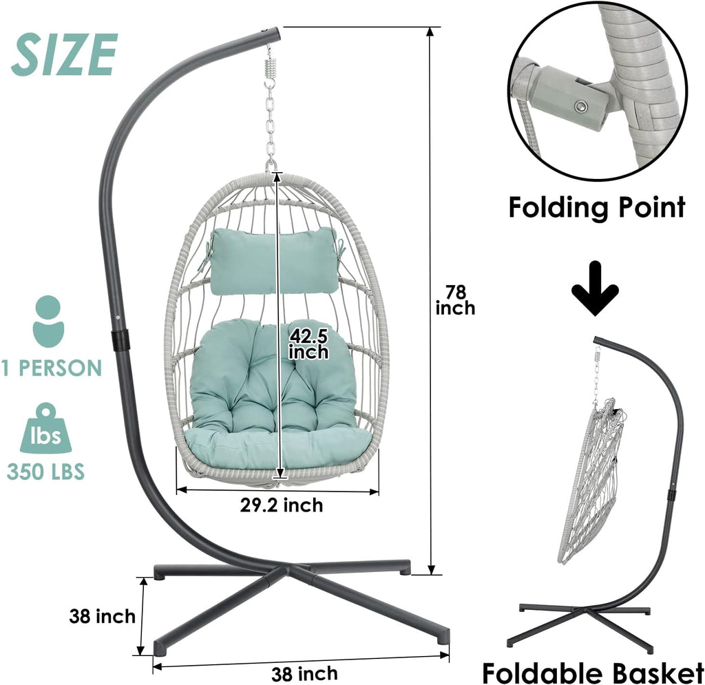 Egg Hanging Chair with Stand Hammock Egg Chair Indoor Outdoor, Wicker Rattan Hanging Swing Chair Basket Egg Chair Aluminum Steel Frame and UV Resistant Cushion for Bedroom Garden Backyard Light Blue
