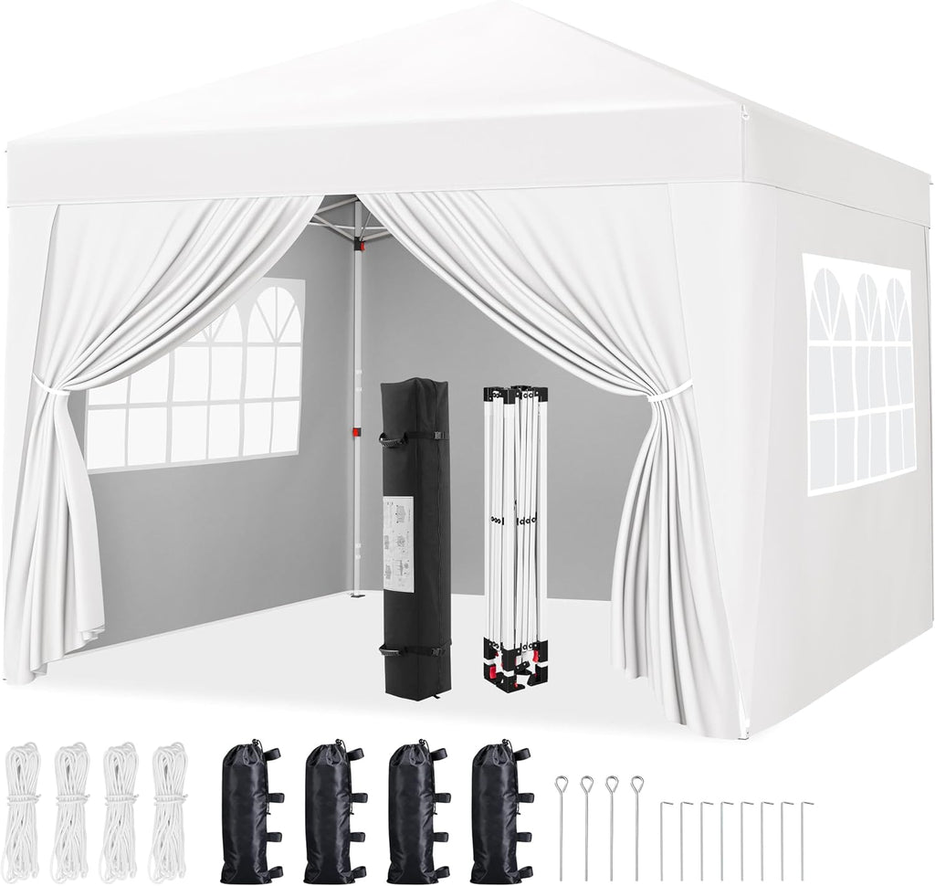 Yaheetech 12x12 Pop Up Canopy with 4 Removable Sidewalls, Portable Enclosed Instant Tent, Waterproof Outdoor Tent, Beach Sun Shelter with 4 Sandbags, 12 Stakes & 4 Ropes, White