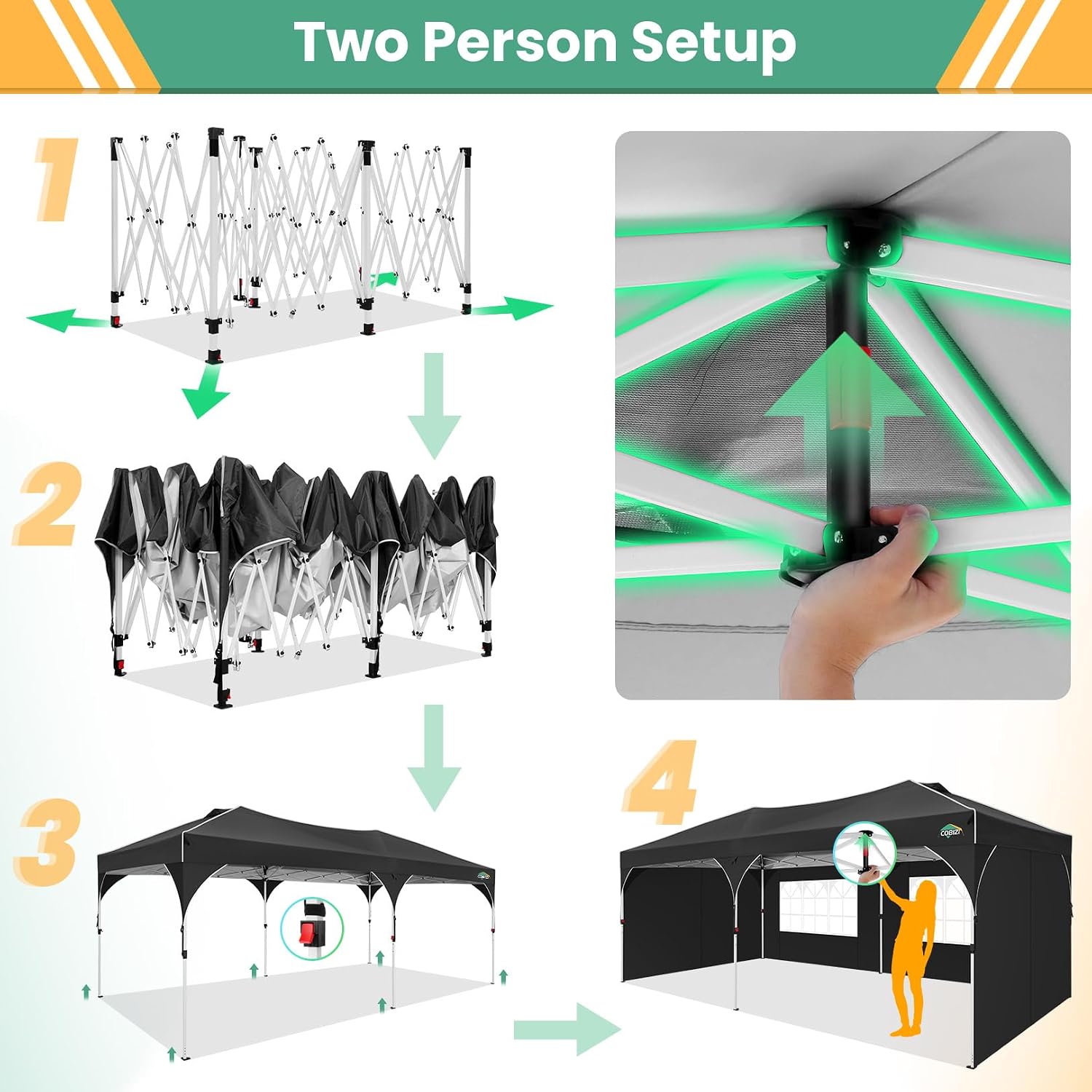 COBIZI 10x20 Pop Up Canopy Tent, Outdoor Party Tent with 4 Sidewalls, 1 Person Easy Set up, Tents for Parties with Fluorescent Strip & 4 Sandbags, Waterproof UPF50+, 3 Adjustable Height, Black