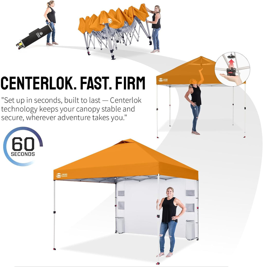 CROWN SHADES Canopy Tent, 10 x 10 Foot Portable Pop Up Outdoor Shelter with Pocket Sidewall, Push Center Lock, UV Protection, and Carry Bag, Orange