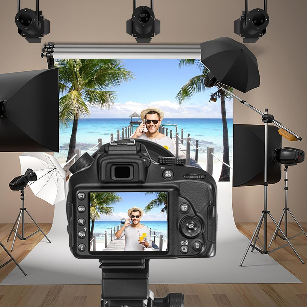 20x10ft Tropical Seaside Backdrop Summer Holiday Coconut Trees Wooden Pier Gazebo Photography Background Wedding Ceremony Honeymoon Birthday Party Summer Party Children Adults Portrait