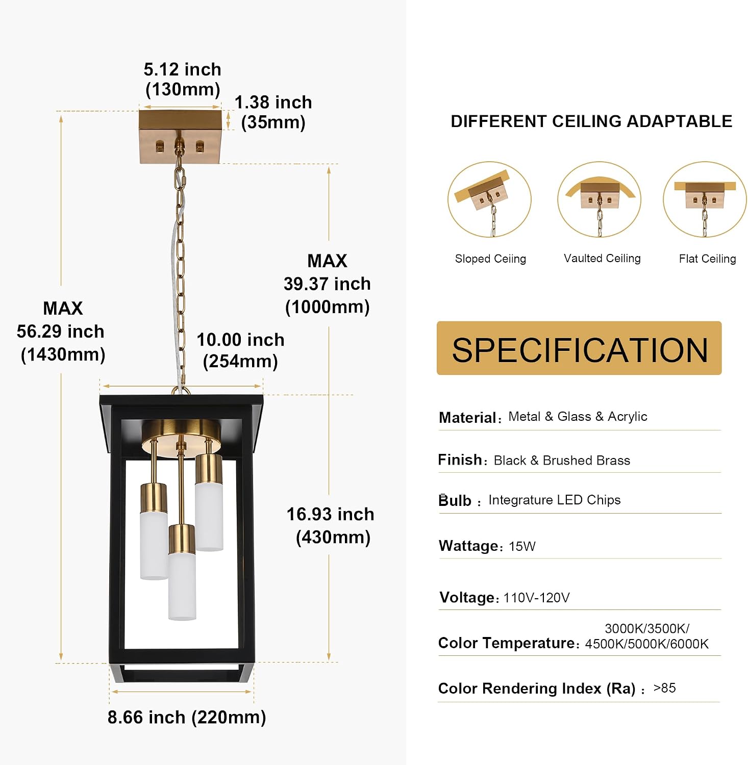 TODOLUZ 3-Light Large Outdoor Pendant Light with Frosted Coloum, 5CCT Dimmable Exterior Chandelier Hanging Porch Lighting (3000K/3500K/4500K/5000K/6000K)