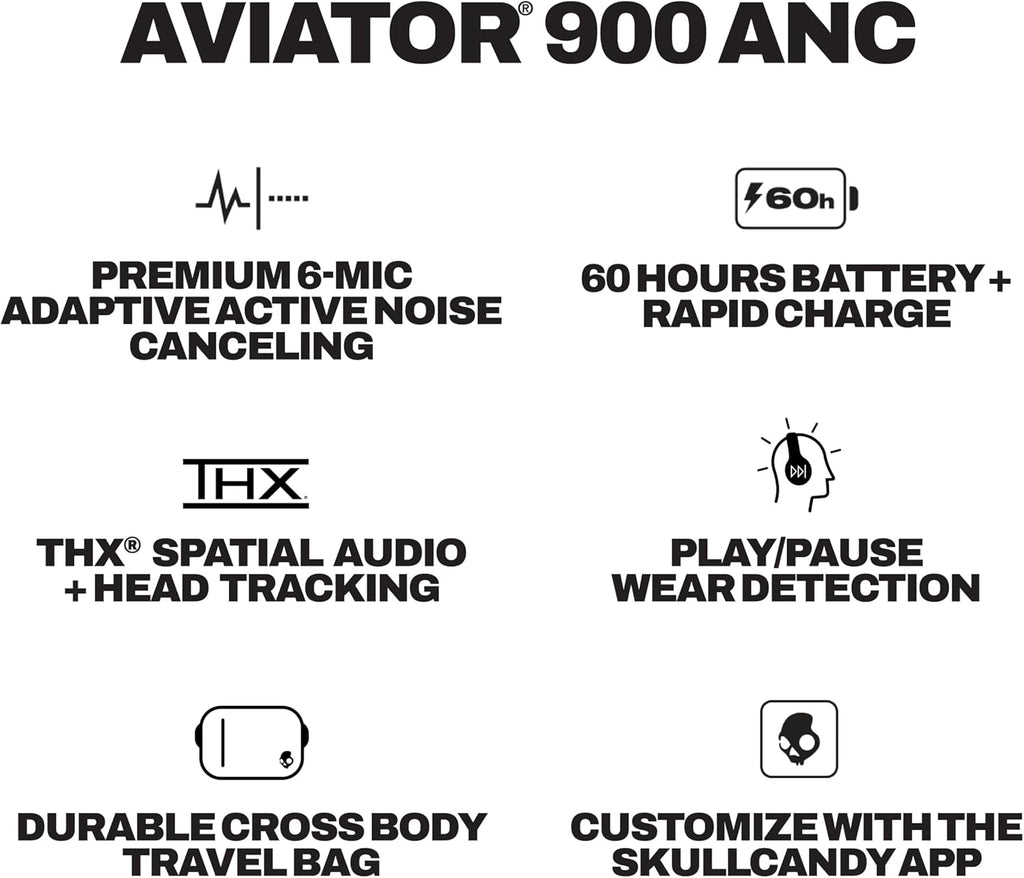 Skullcandy Aviator 900 ANC Wireless Over-Ear Bluetooth Headphones, THX Spatial Audio with Head Tracking, Adaptive Noise Cancelling, Up to 60 Hours Battery, Microphone for iPhone Android - True Black