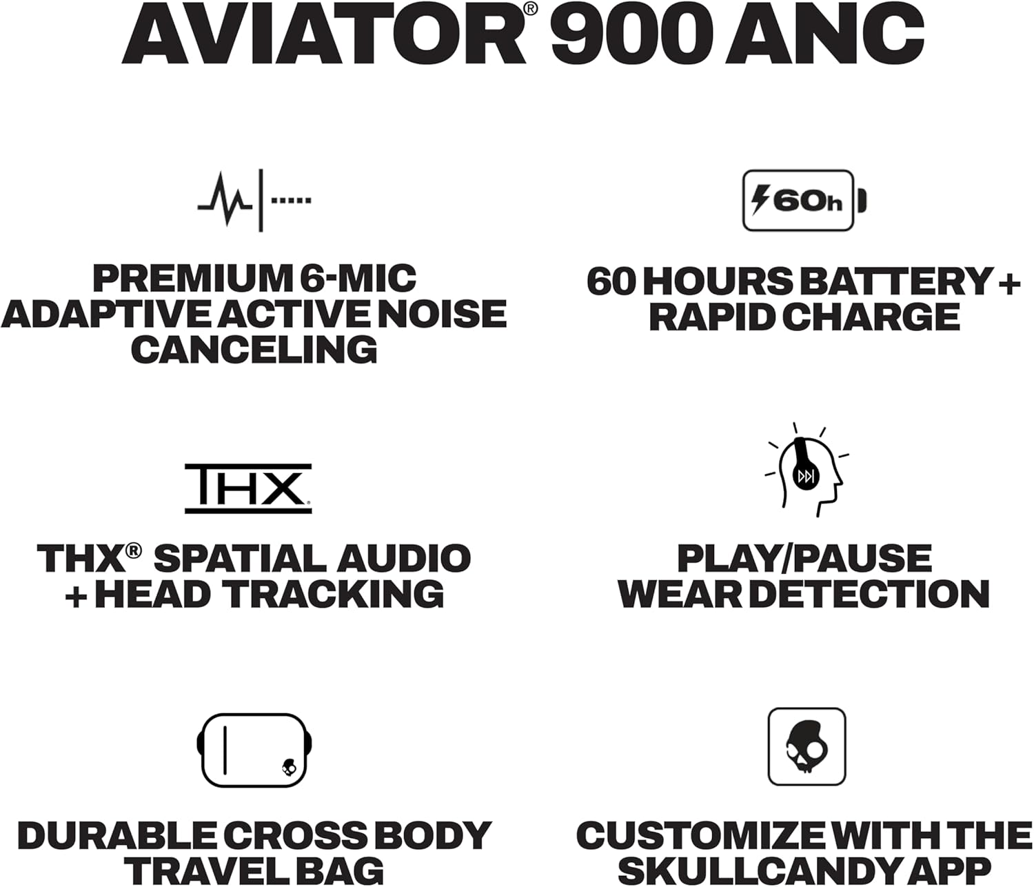 Skullcandy Aviator 900 ANC Wireless Over-Ear Bluetooth Headphones, THX Spatial Audio with Head Tracking, Adaptive Noise Cancelling, Up to 60 Hours Battery, Microphone for iPhone Android - True Black