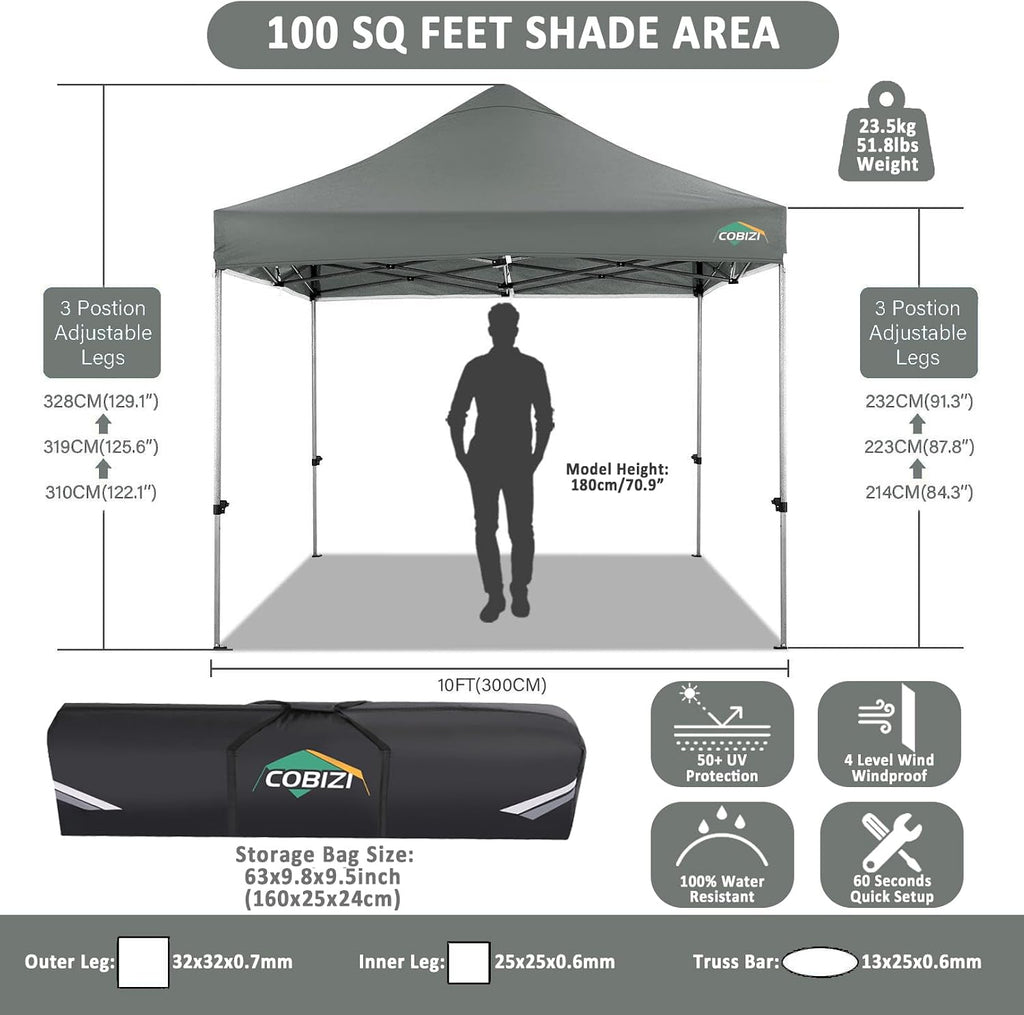 COBIZI 10x10 Pop Up Canopy Without Sidewall,Heavy Duty Canopy UPF 50+ All Season Wind Waterproof Commercial Outdoor Wedding Party Tents for Parties Canopy Gazebo with Carry Bag(10 x 10 ft Gray)