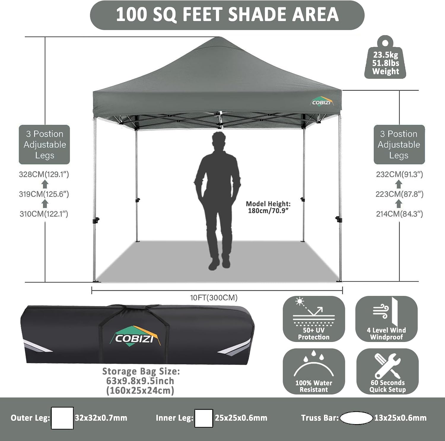 COBIZI 10x10 Pop Up Canopy Without Sidewall,Heavy Duty Canopy UPF 50+ All Season Wind Waterproof Commercial Outdoor Wedding Party Tents for Parties Canopy Gazebo with Carry Bag(10 x 10 ft Gray)