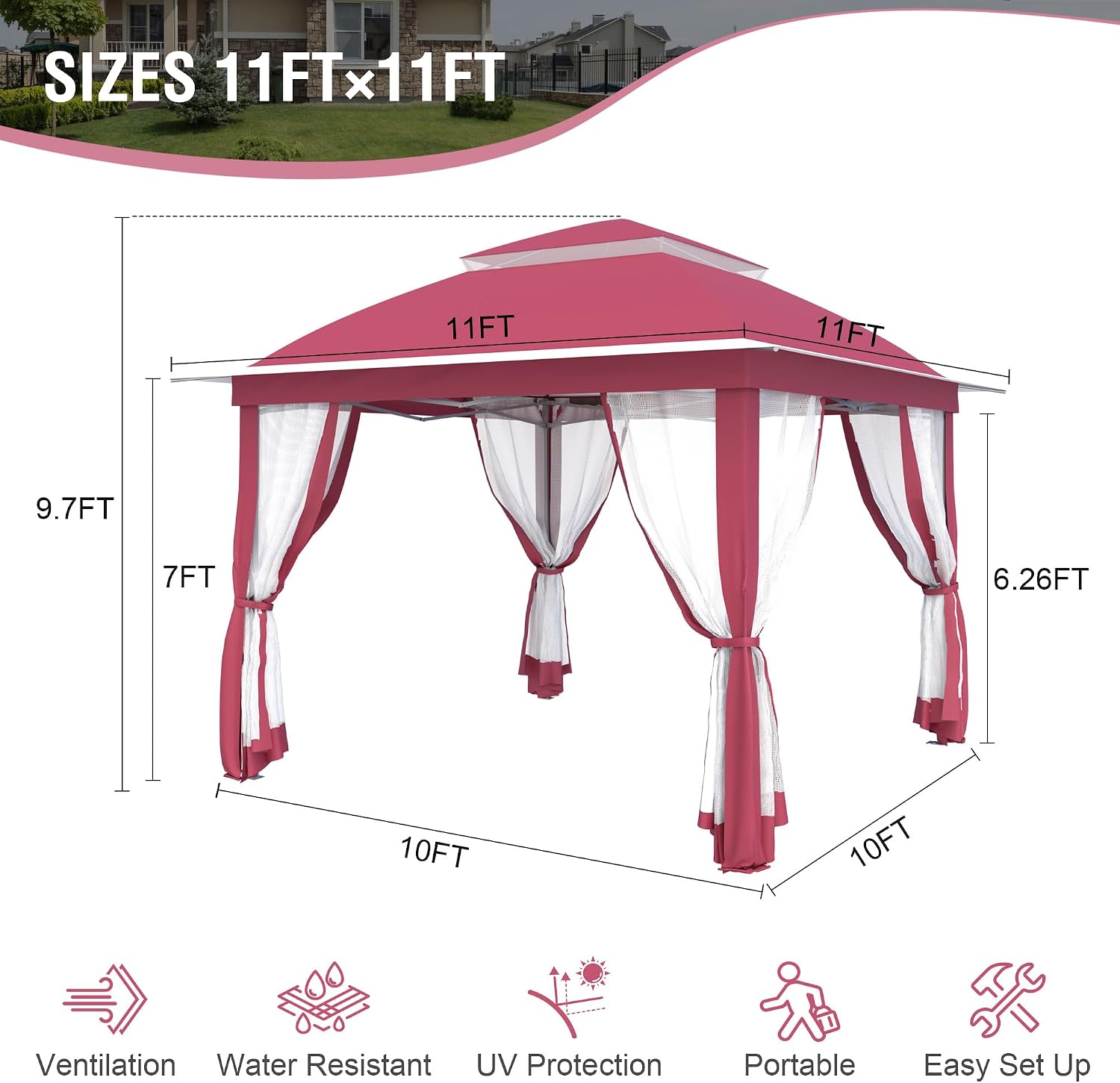 Pop Up Gazebo 11x11, Outdoor Instant Canopy Shelter Tent with Mosquito Netting Metal Frame Storage Bag for Patio Garden Backyard.(Pink)