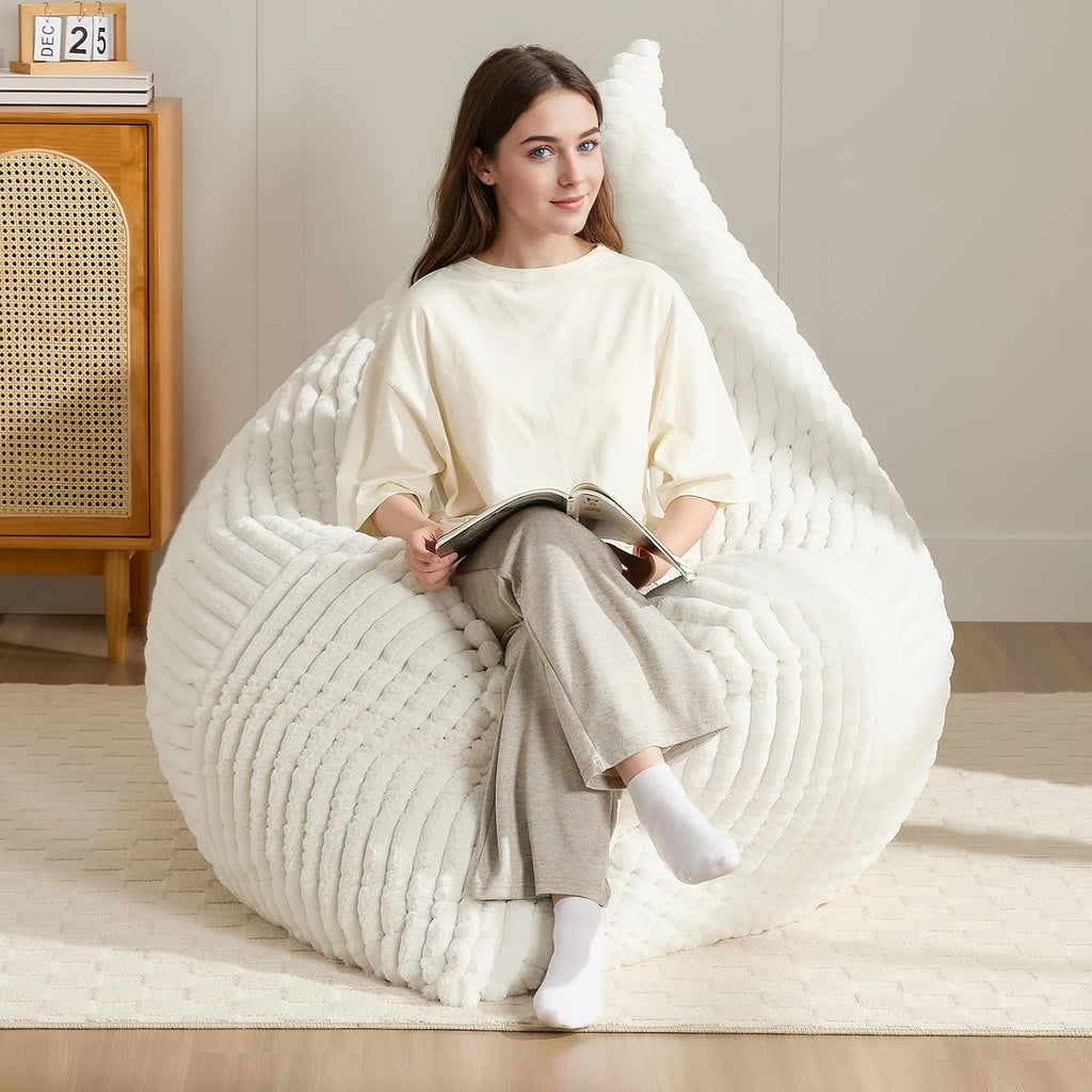 3-in-1 Giant Bean Bag Chair for Adults & Kids, Convertible Floor Sofa to Mattress, High-Density Foam Chair Bed with Washable Cover, Multi Functional Lounge Couch for Bedroom, Living Room (Beige)