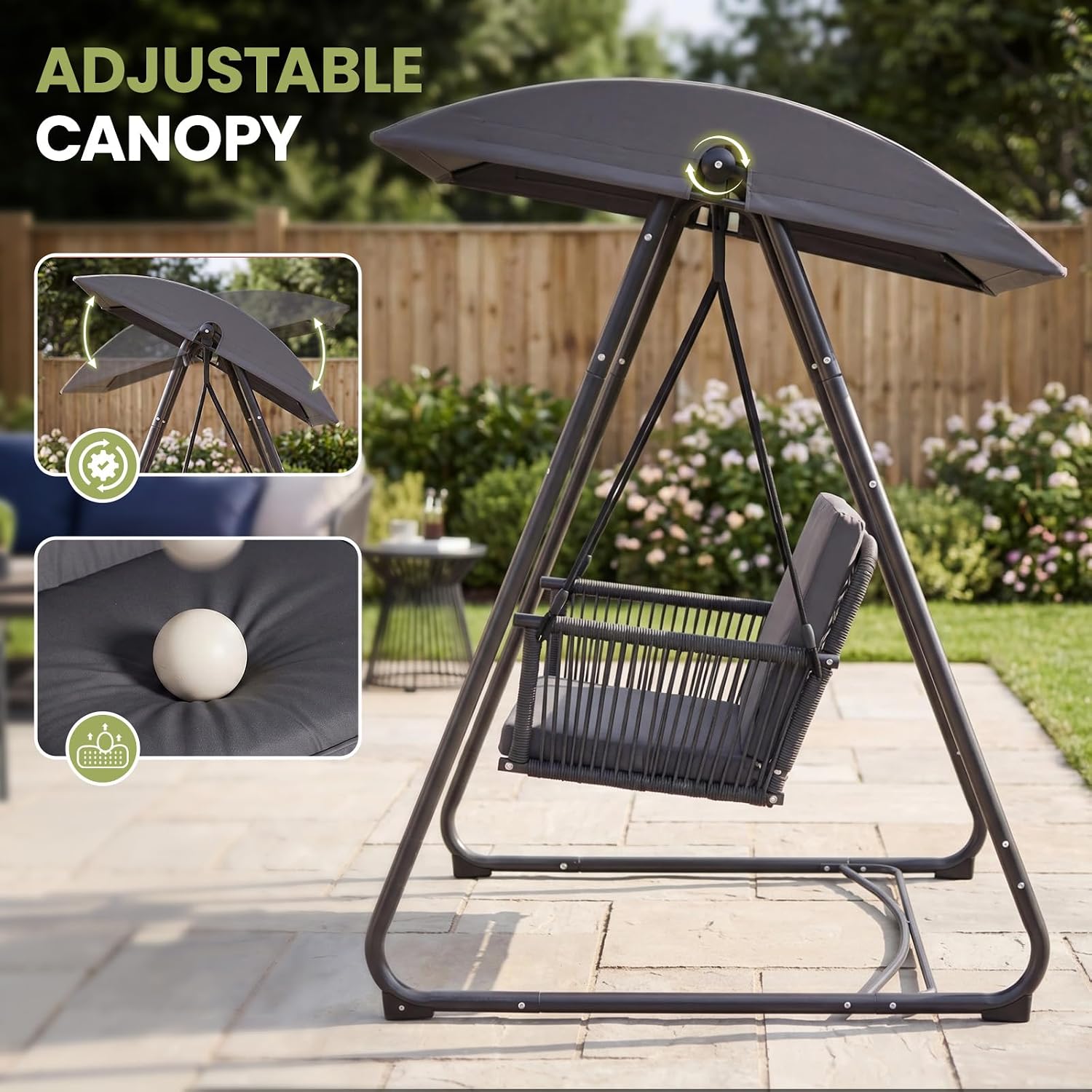 Porch Swing with Stand, Outdoor Swing with Canopy, All Weather Outdoor Swings for Adults, 400lbs Heavy Duty Porch Swings with Removable Cushions, Single Hanging Chair for Small Space, Grey