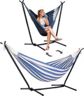 SUNCREAT 2-in-1 Convertible Free Standing Hammock with Stand Included, Camping Backyard Hammock with Stand, Patented, Blue & White Stripe