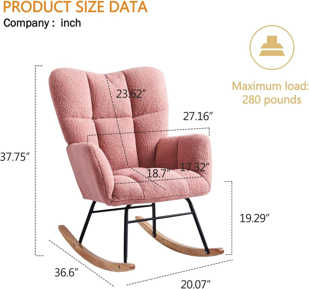 Rocking Chair Nursery, High Backrest Teddy Glider Rocker Upholstered Rocker Recliner Modern Rocking Accent Chairs for Bedroom, Living Room, Offices (Pink)