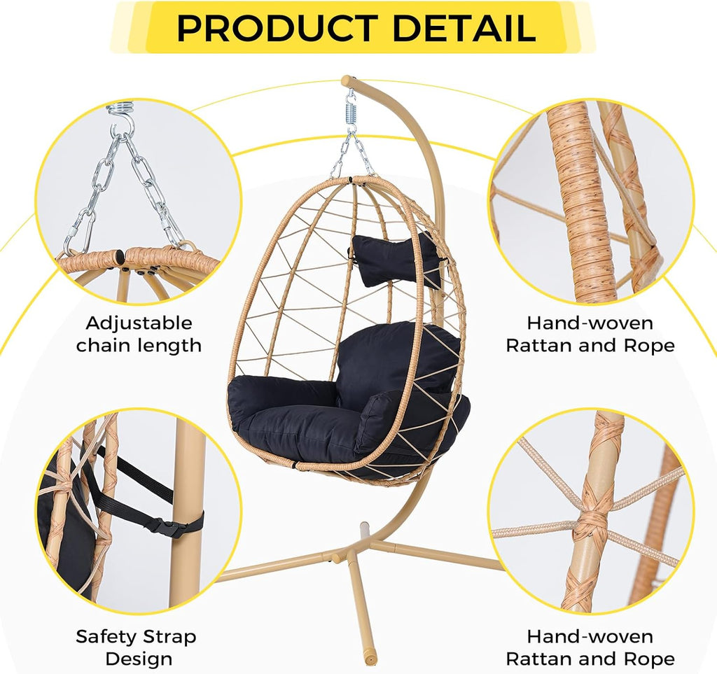 Egg Chair with Stand, Wicker Hanging Chair for Outdoor Patio, Cushioned Hammock Swing for Bedroom Garden Indoor/Outdoor, Double-Zipper Structure Hanging Egg Chair (Yellow Frame and Black)